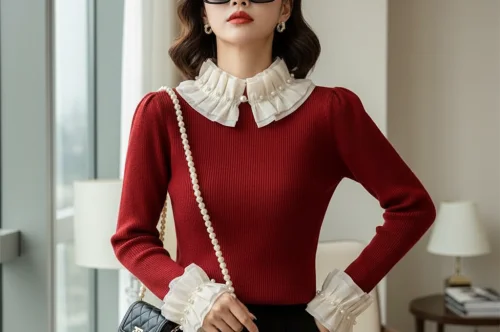 Red Ribbed Knit Top with White Ruffle Collar & Pearl Cuffs (Rare Flair-KE) — The Classy Statement Piece Kenya’s Fashion Lovers Are Searching For
