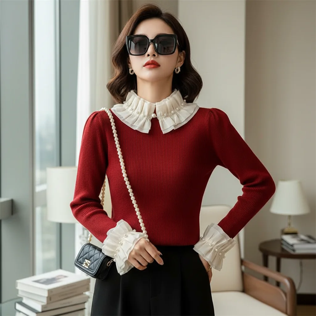 Red Ribbed Knit Top with White Ruffle Collar & Pearl Cuffs (Rare Flair-KE) — The Classy Statement Piece Kenya’s Fashion Lovers Are Searching For