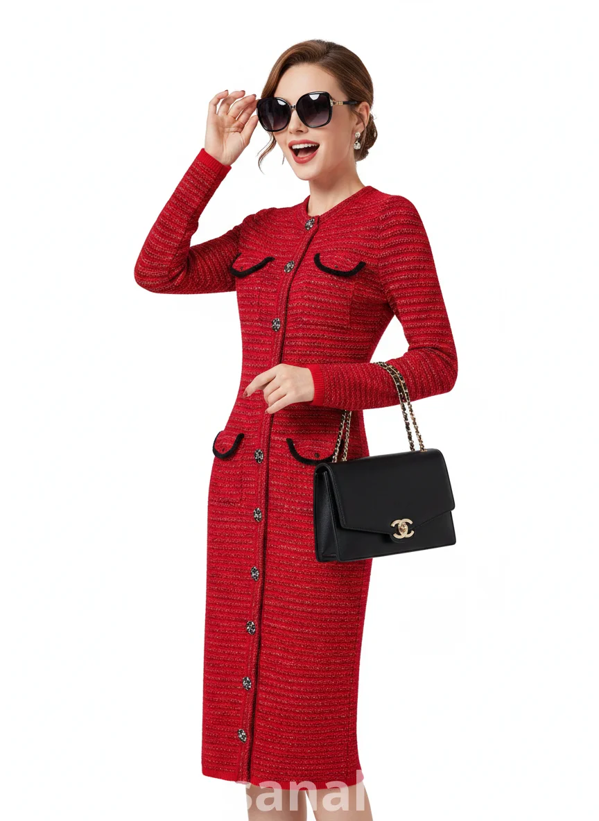 Elegant red bodycon midi dress with decorative button-front and long sleeves
