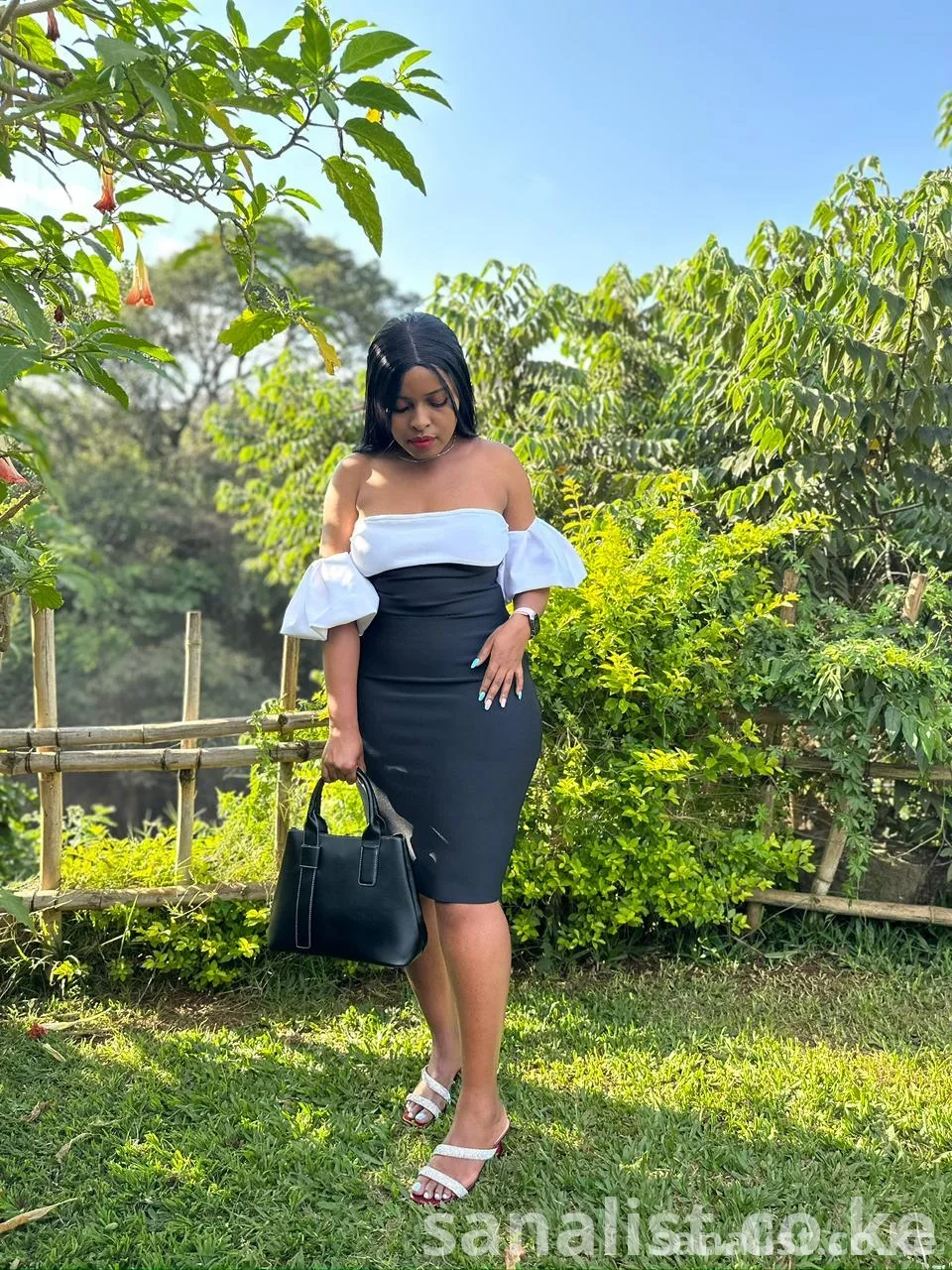 Two-Tone Black and White Women's Midi Dress - Off-Shoulder Puff Sleeves Bodycon Fit