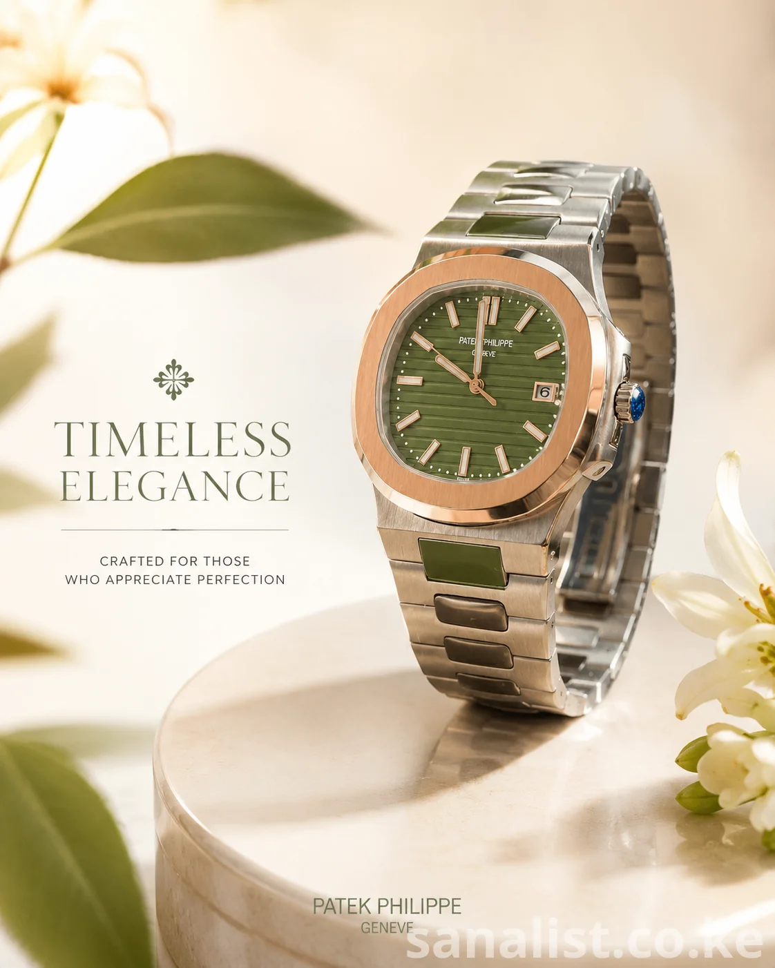 Patek Philippe-style luxury watch - side view showing bracelet and date window