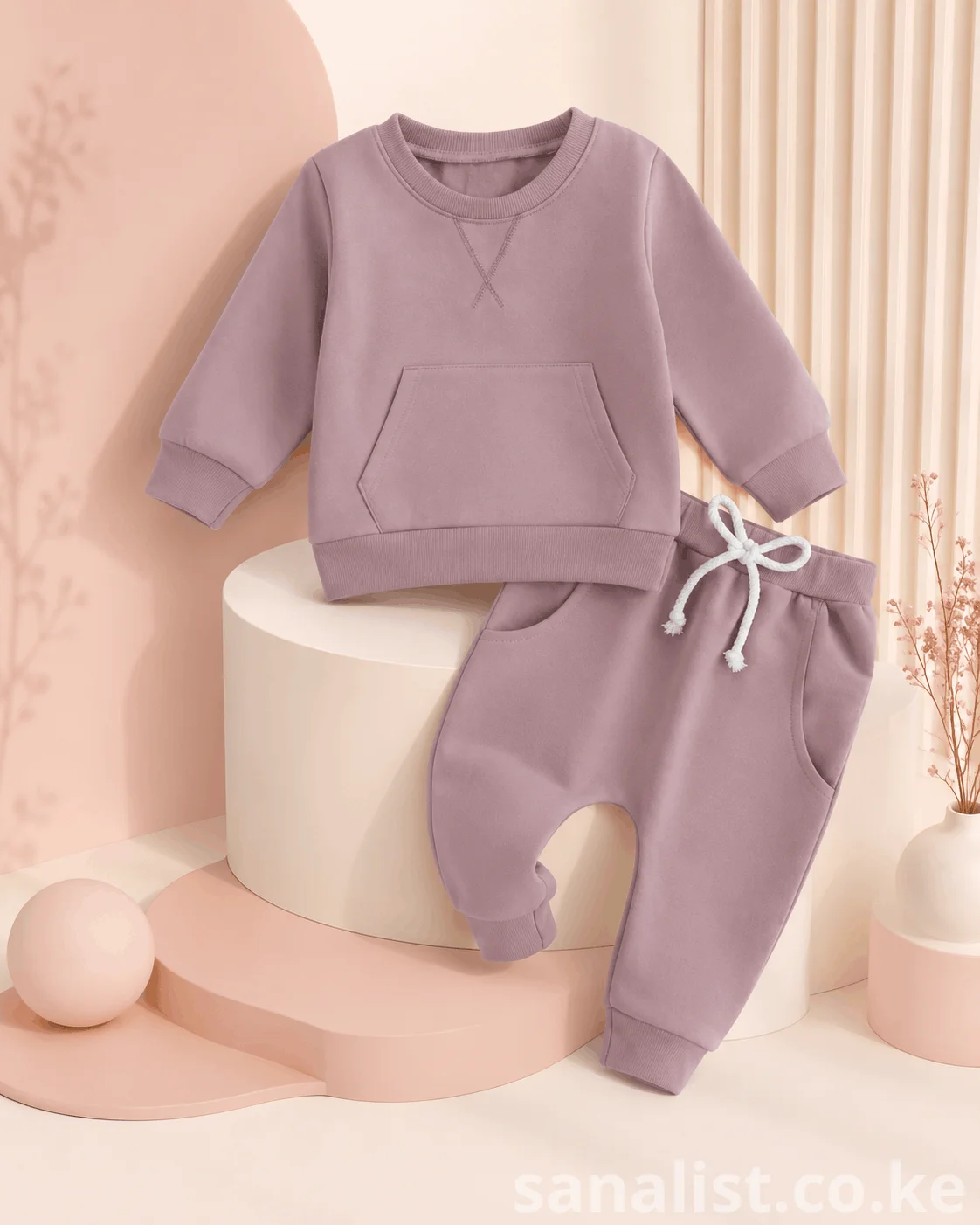 Baby tracksuit set - mauve outfit with kangaroo pocket and drawstring