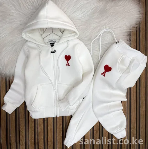 Kids Heart-Logo Zip Hoodie & Jogger Set — White Fleece Embroidered Tracksuit for Boys & Girls | Children's Streetwear Nairobi Kenya