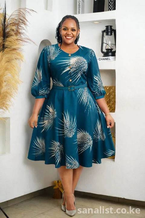Elegant Belted Flare Midi Dress for Women – Plus Size, Nairobi Kenya