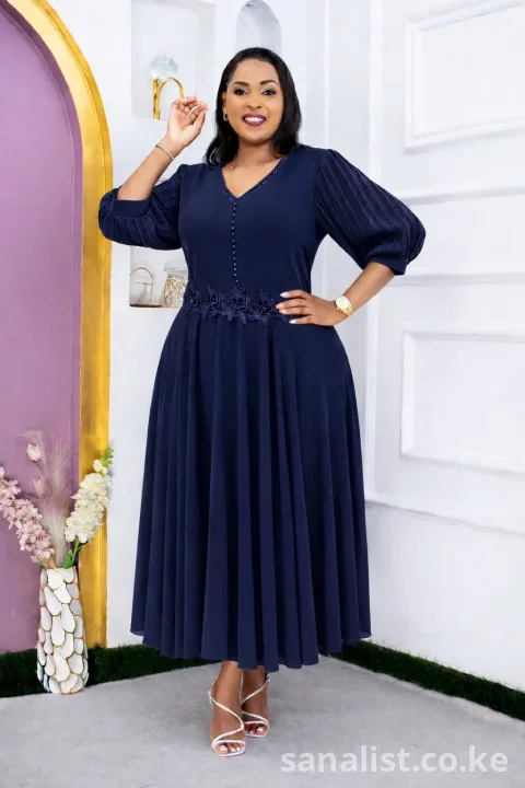 Elegant Pleated Midi Dress with Lace Detail – Available in Various Sizes 5