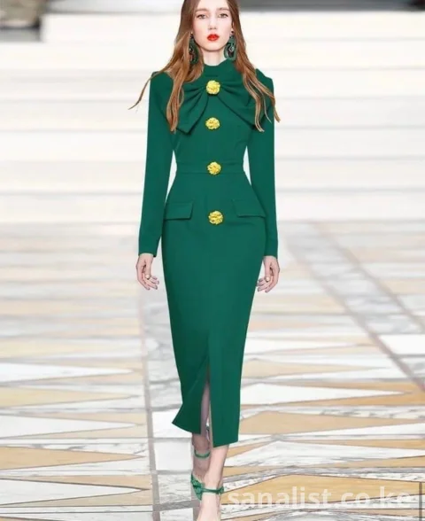 Elegant Green Bow Midi Dress with Gold Buttons | Rare Flair Kenya Nairobi | SanaLIST