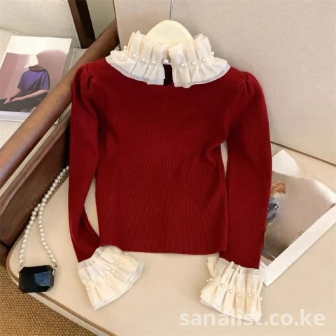 Red Ribbed Knit Top with White Ruffle Collar & Pearl Cuffs | Rare Flair Kenya Nairobi | SanaLIST
