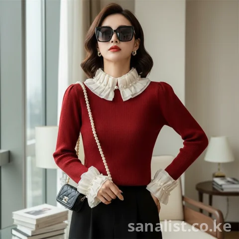 Red Ribbed Knit Top with White Ruffle Collar & Pearl Cuffs | Rare Flair Kenya Nairobi | SanaLIST