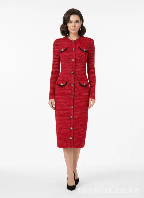 Red Textured Knit Bodycon Midi Dress (Long Sleeve, Button Front) | Rare Flair Kenya Nairobi | SanaLIST 3