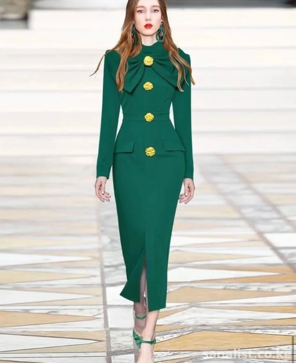 Elegant Green Bow Midi Dress with Gold Buttons | Rare Flair Kenya Nairobi | SanaLIST