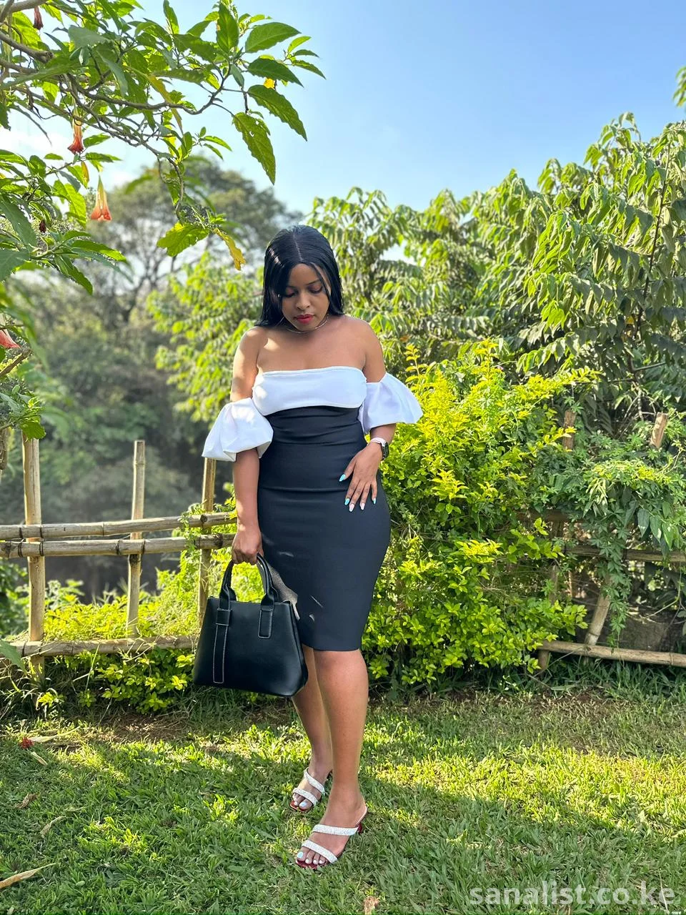 Black & White Off-Shoulder Bodycon Midi Dress | Rare Flair Kenya Nairobi