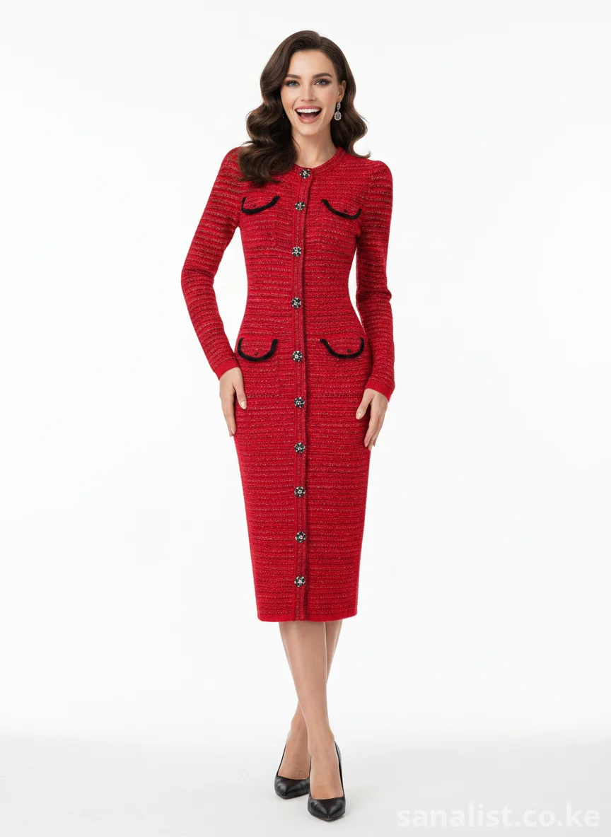 Red Textured Knit Bodycon Midi Dress (Long Sleeve, Button Front) | Rare Flair Kenya Nairobi | SanaLIST