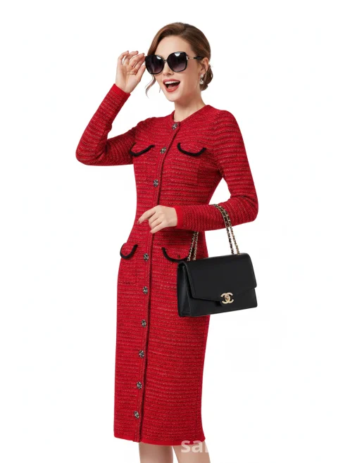 Red Textured Knit Bodycon Midi Dress (Long Sleeve, Button Front) | Rare Flair Kenya Nairobi | SanaLIST 4