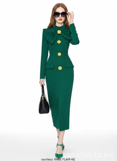 Elegant Green Bow Midi Dress with Gold Buttons | Rare Flair Kenya Nairobi | SanaLIST