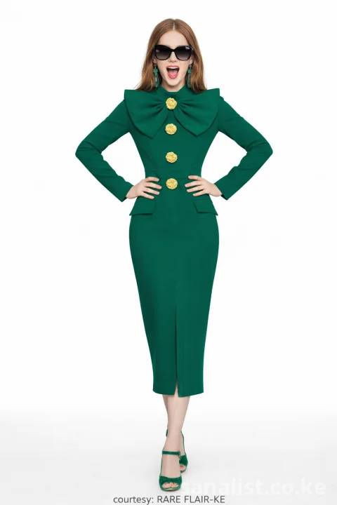 Elegant Green Bow Midi Dress with Gold Buttons | Rare Flair Kenya Nairobi | SanaLIST 4
