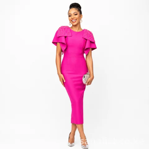 Hot Pink Embellished Cape Sleeve Bodycon Midi Women Dress | Nairobi Kenya