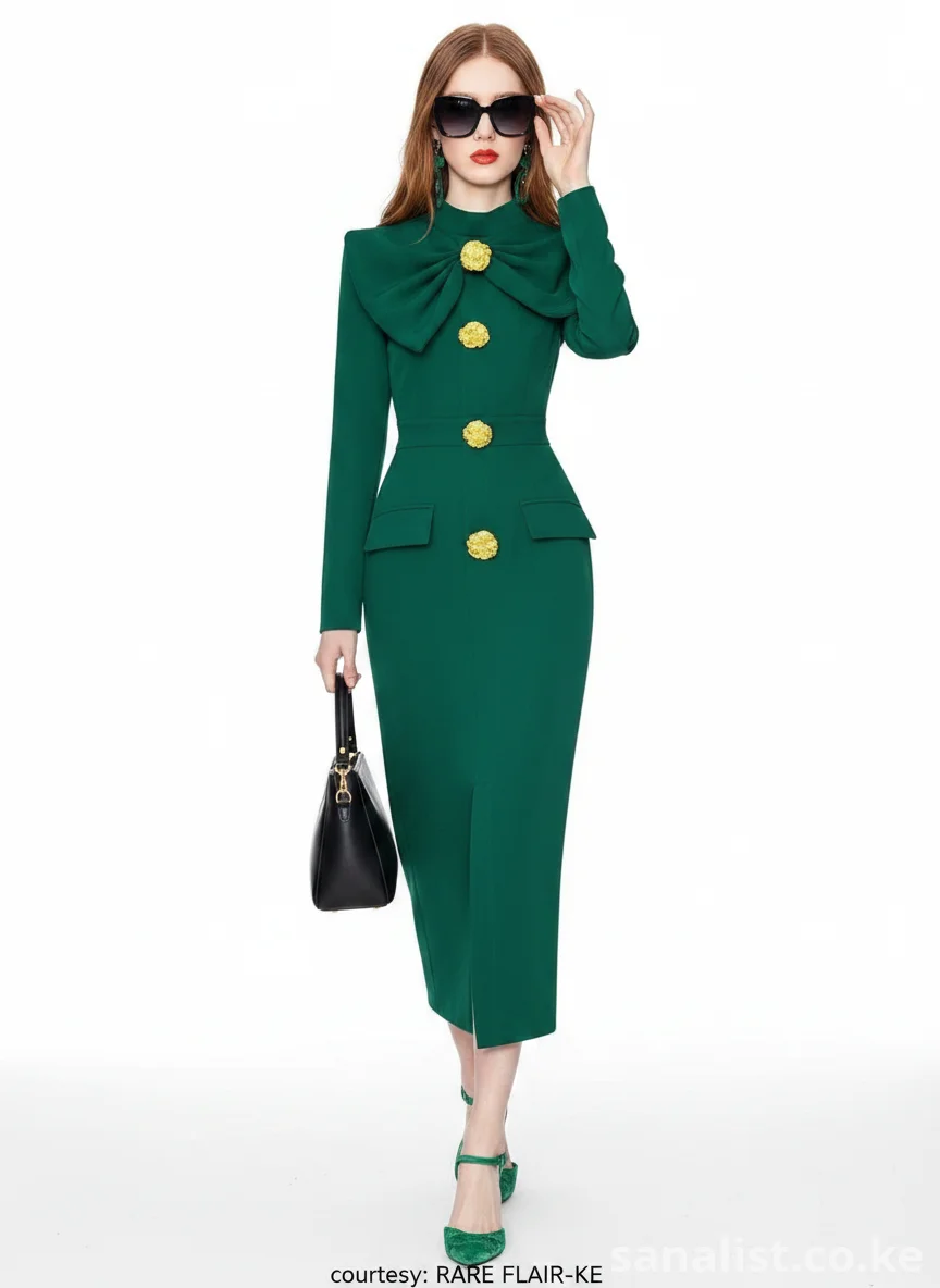 Elegant Green Bow Midi Dress with Gold Buttons | Rare Flair Kenya Nairobi | SanaLIST