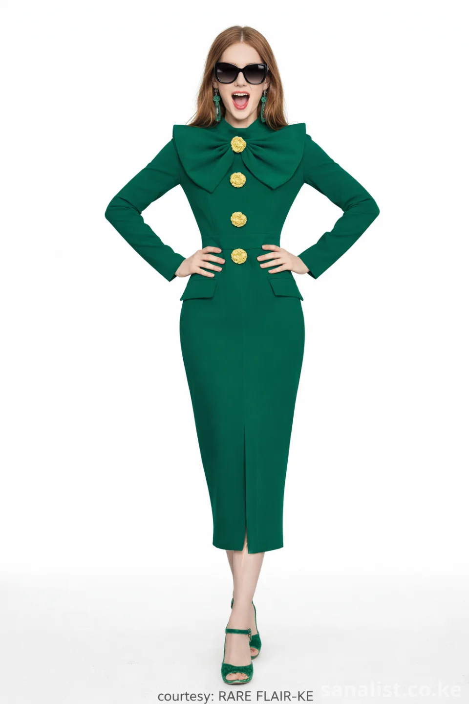 Elegant Green Bow Midi Dress with Gold Buttons | Rare Flair Kenya Nairobi | SanaLIST