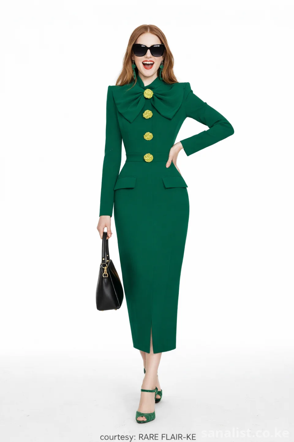Elegant Green Bow Midi Dress with Gold Buttons | Rare Flair Kenya Nairobi | SanaLIST