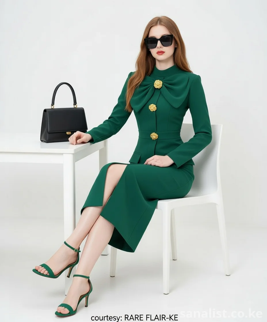 Elegant Green Bow Midi Dress with Gold Buttons | Rare Flair Kenya Nairobi | SanaLIST