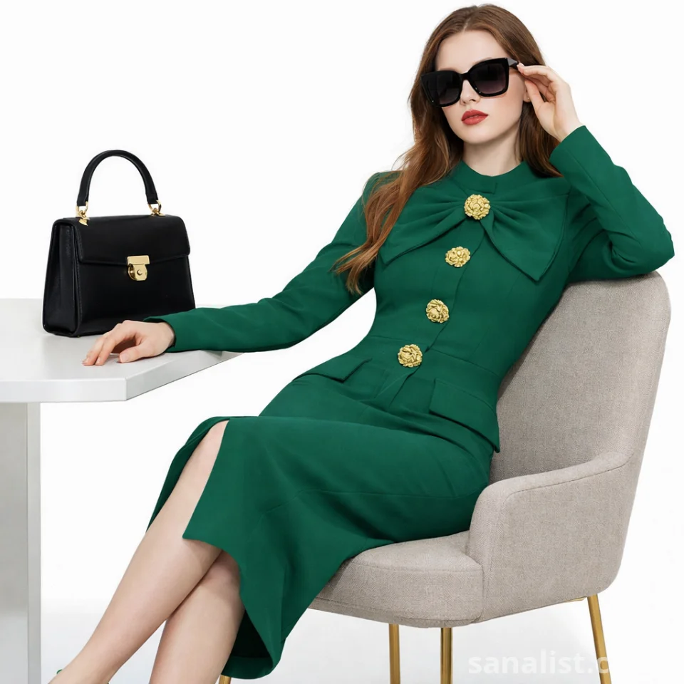 Elegant Green Bow Midi Dress with Gold Buttons | Rare Flair Kenya Nairobi | SanaLIST