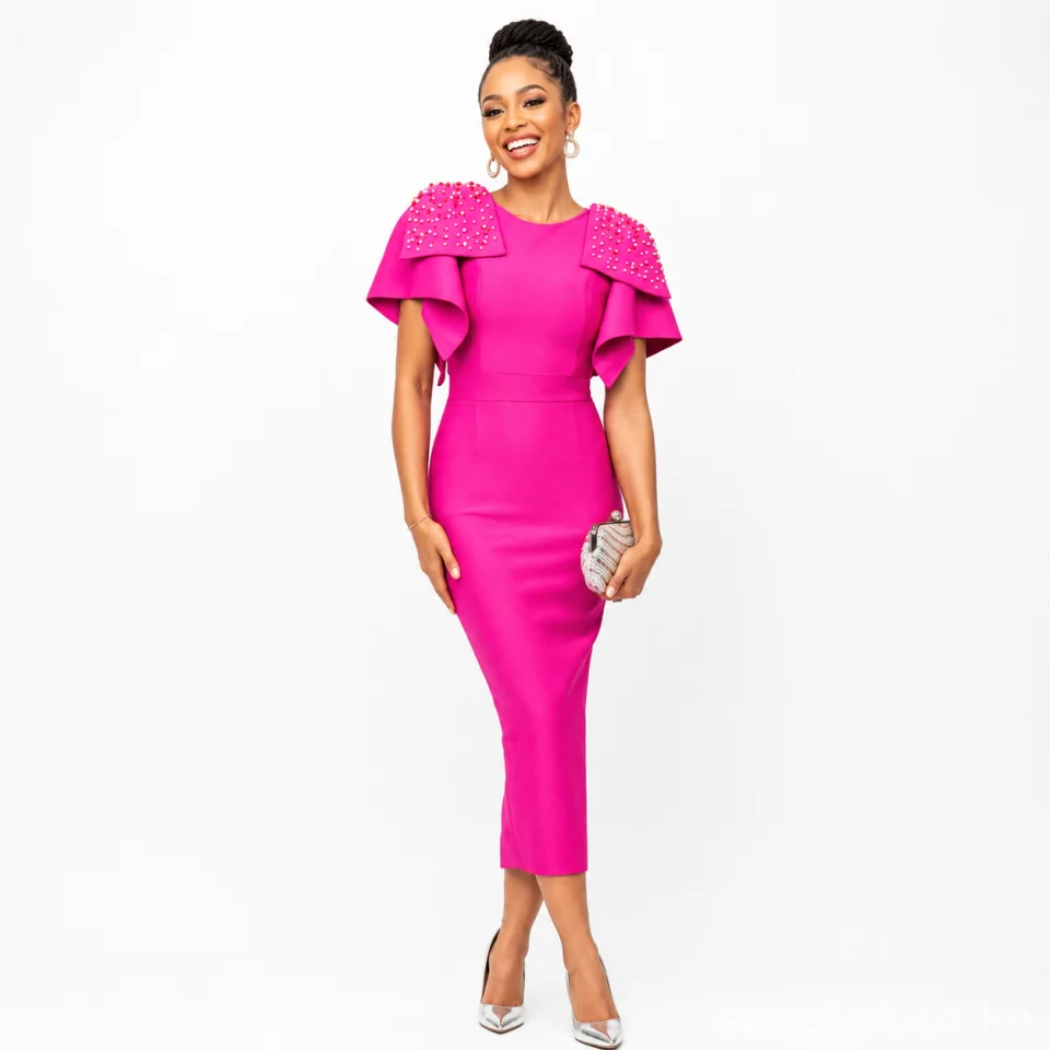 Hot Pink Embellished Cape Sleeve Bodycon Midi Women Dress | Nairobi Kenya