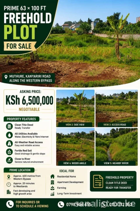 PRIME 63×100 FT FREEHOLD PLOT FOR SALE IN MUTHURE, KANYARIRI ROAD – NEAR WESTERN BYPASS