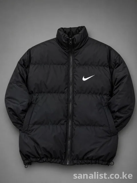 Black Puffer Jacket with Swoosh Logo Design | Insulated Winter Jacket