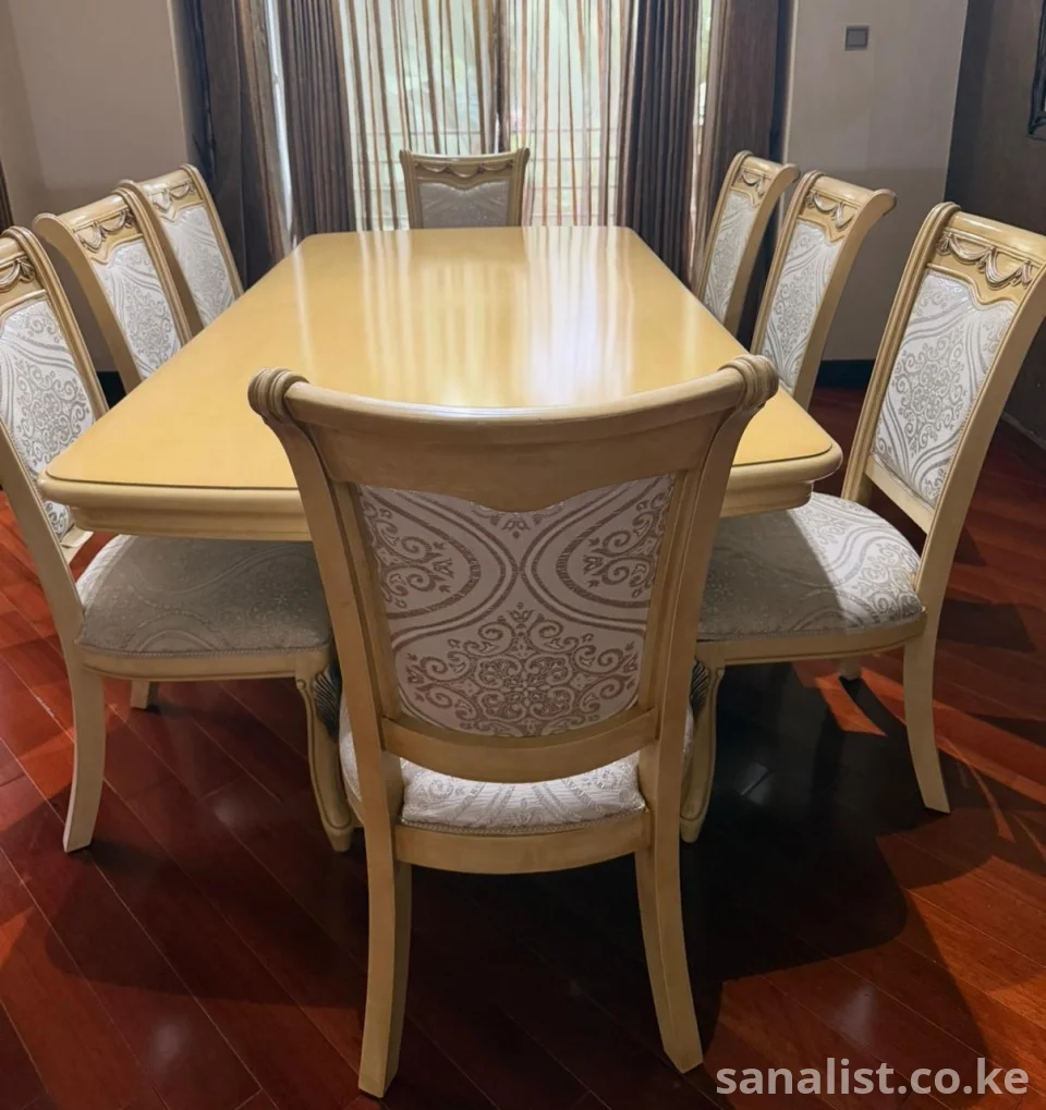 8-Seater Italian Dining Table Set | Carved Wood, Cushioned Chairs