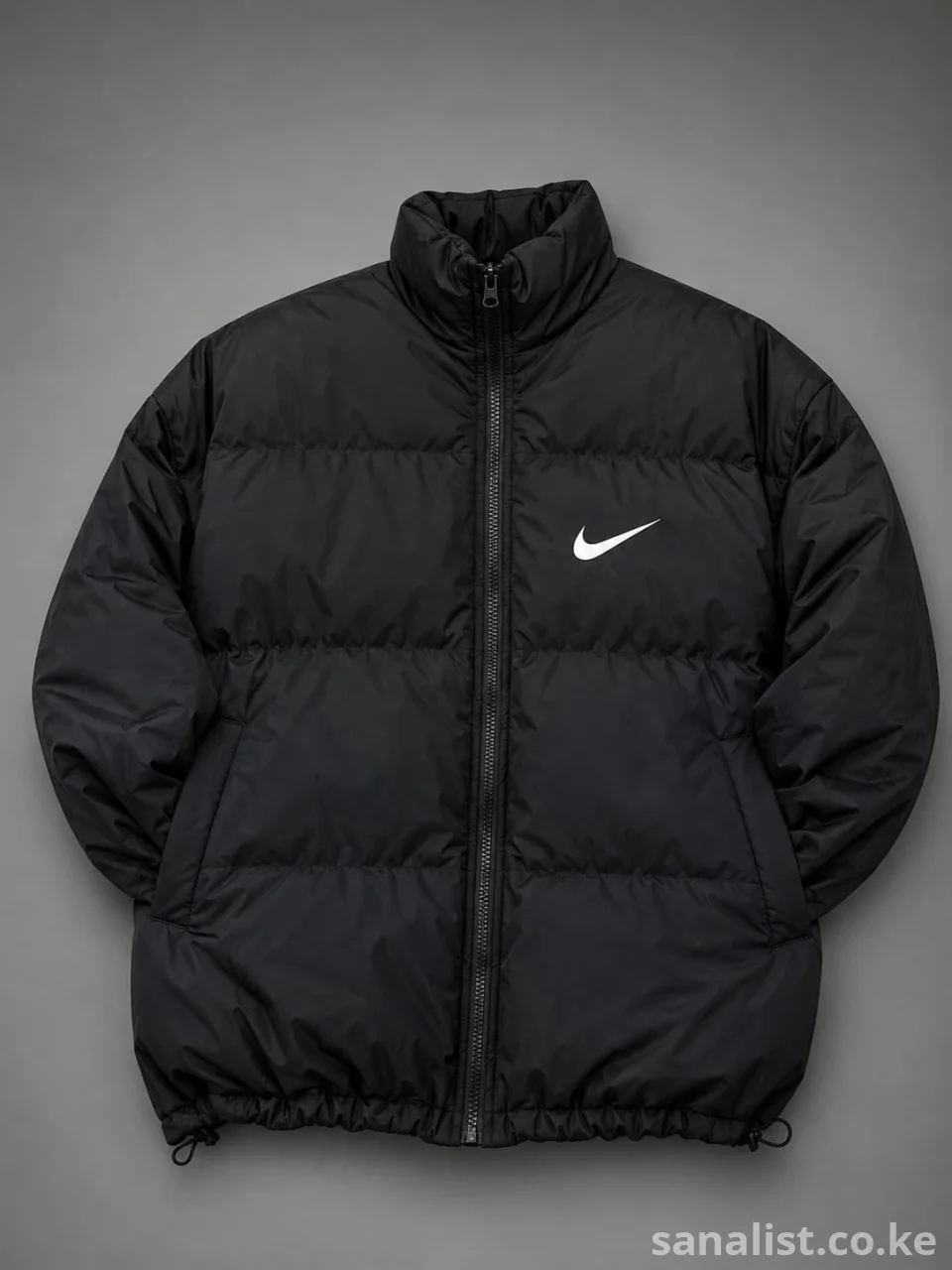 Black Puffer Jacket with Swoosh Logo Design | Insulated Winter Jacket