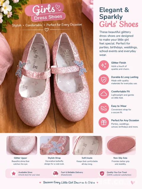 Sparkling Rose Gold Glitter Mary Jane Flats for Women | Stylish Flats | Size 33
